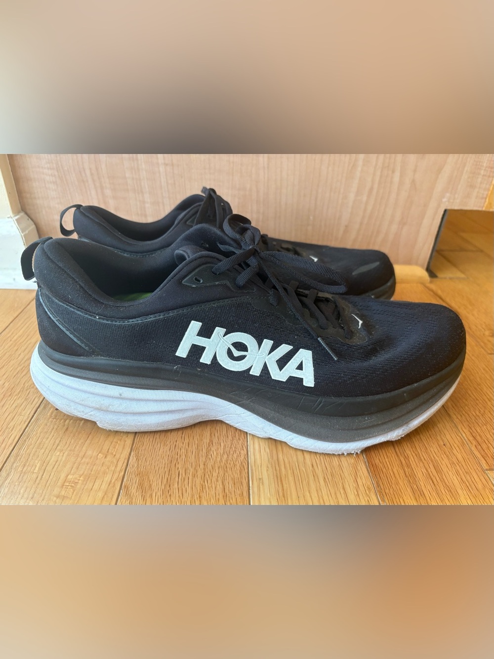 Size 14 D Hoka One One Bondi 8 Black and White Men's Running